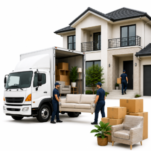 Apartment moving preparation with boxes and furniture